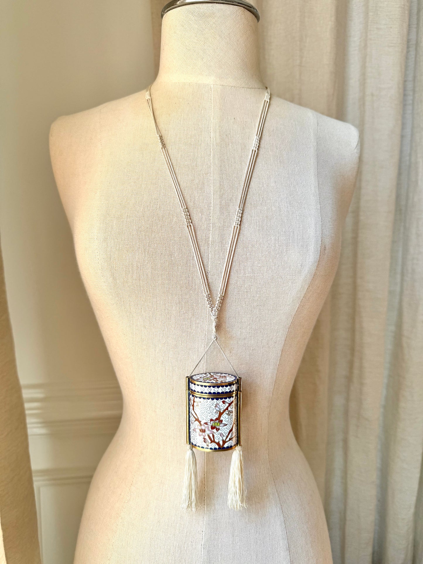 Vintage White Cherry Blossom Cloisonné Tassel Box Necklace