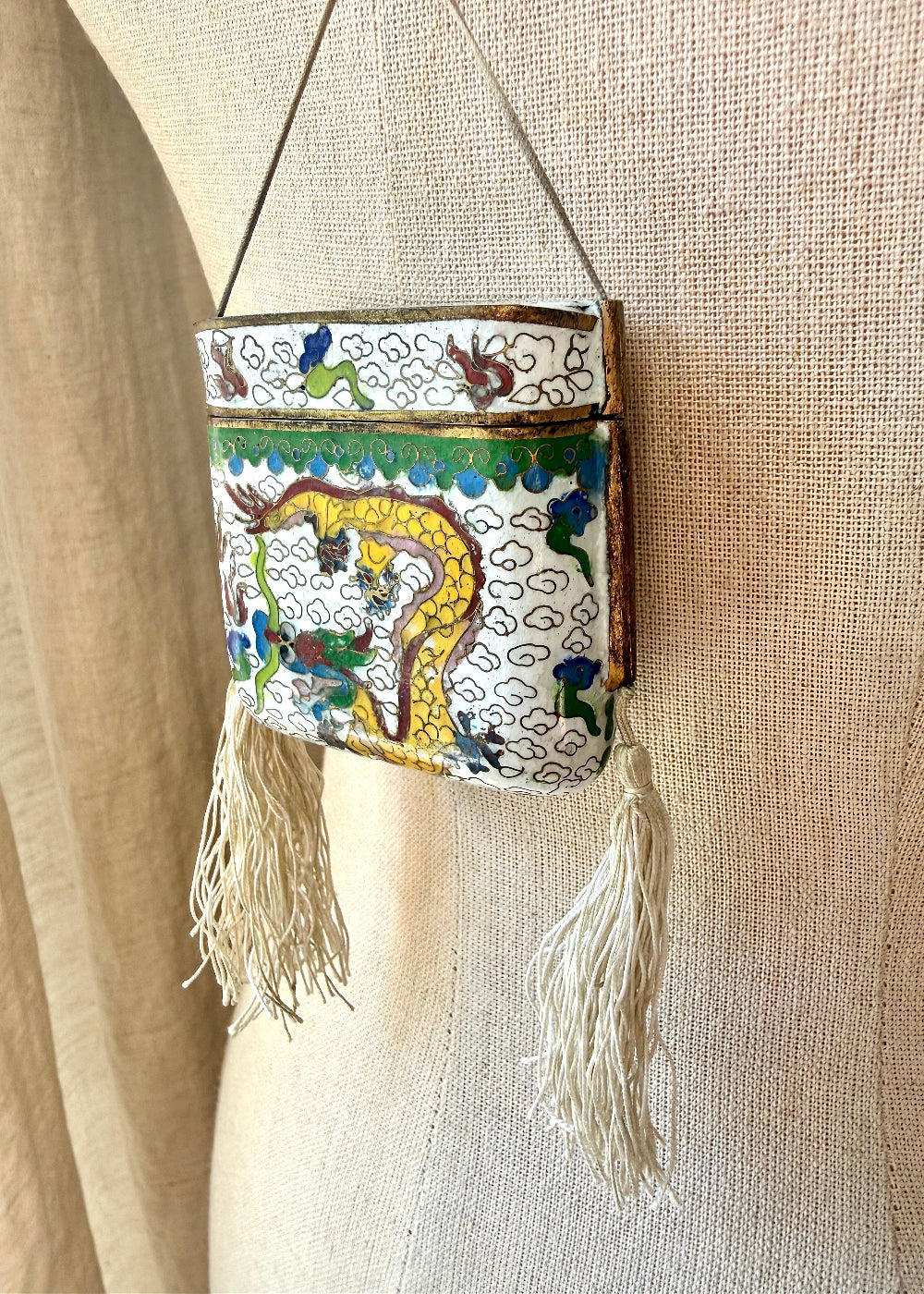 Vintage Dragon Cloisonné Tassel Box Necklace