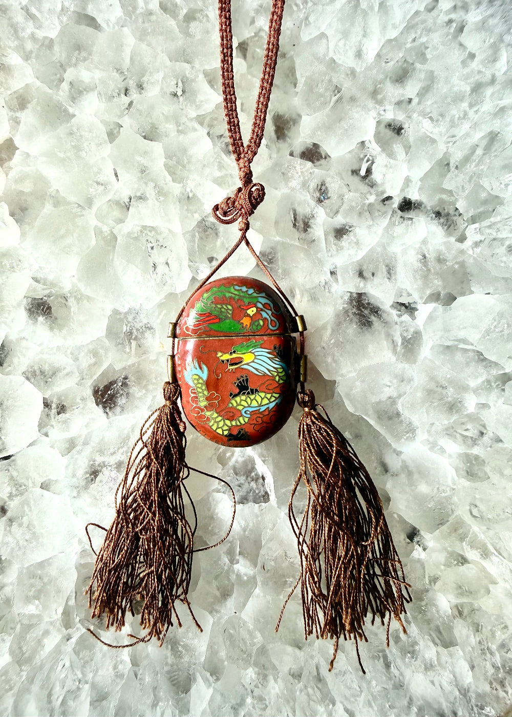 Vintage Cloisonné Dragon + Phoenix Oval Tassel Box Necklace