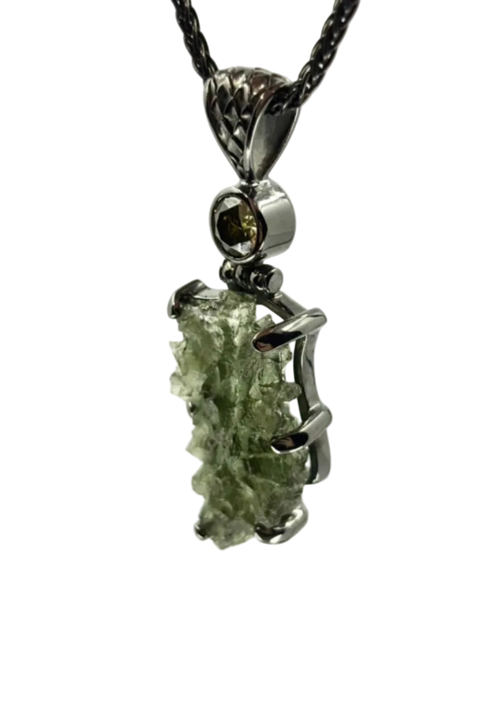 Besednice Moldavite + Blk Moissanite Fine Vibrational Gemstone Pendant