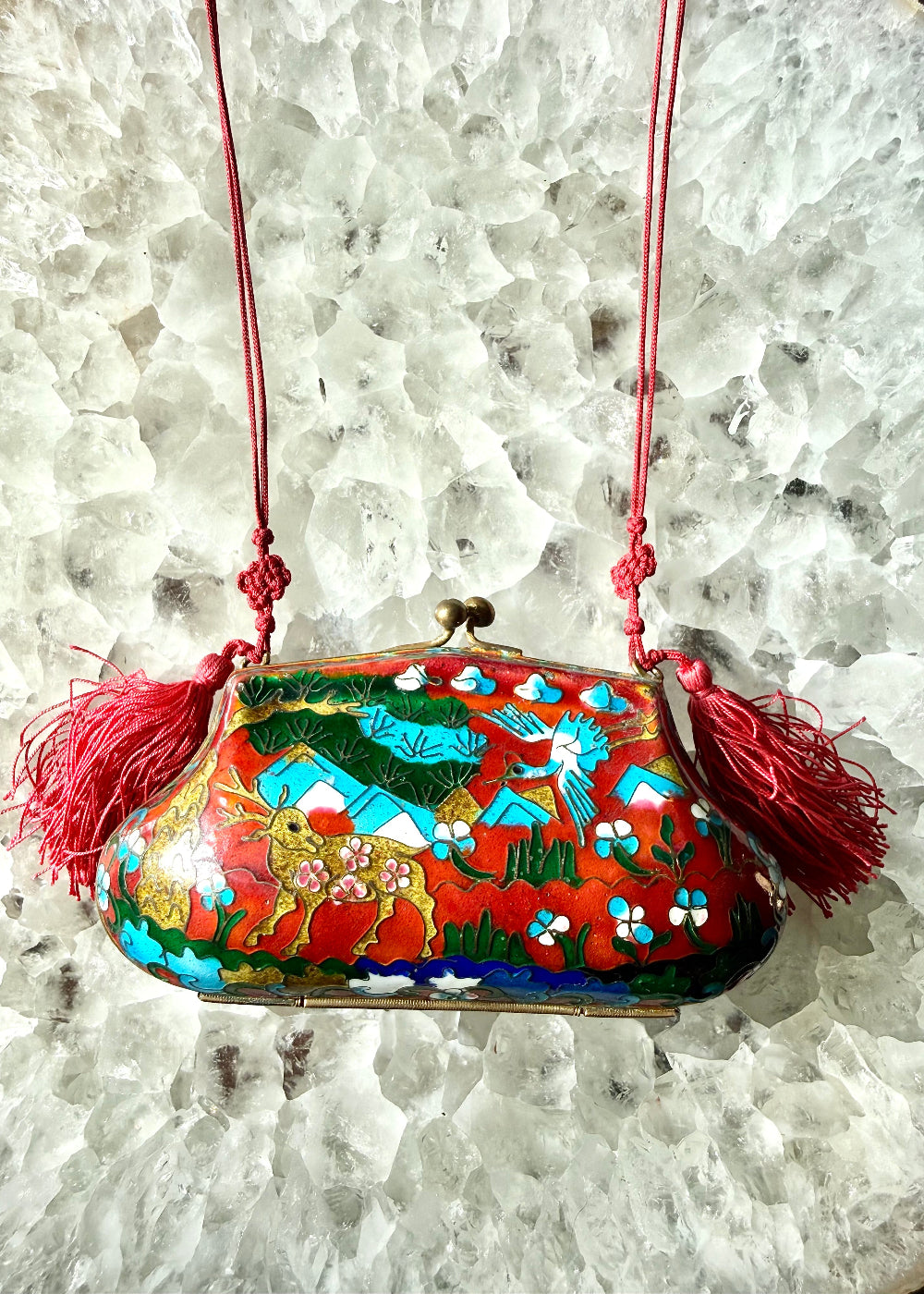 Vintage Cloisonné Deer & Crane Tassel Purse Pendant Necklace