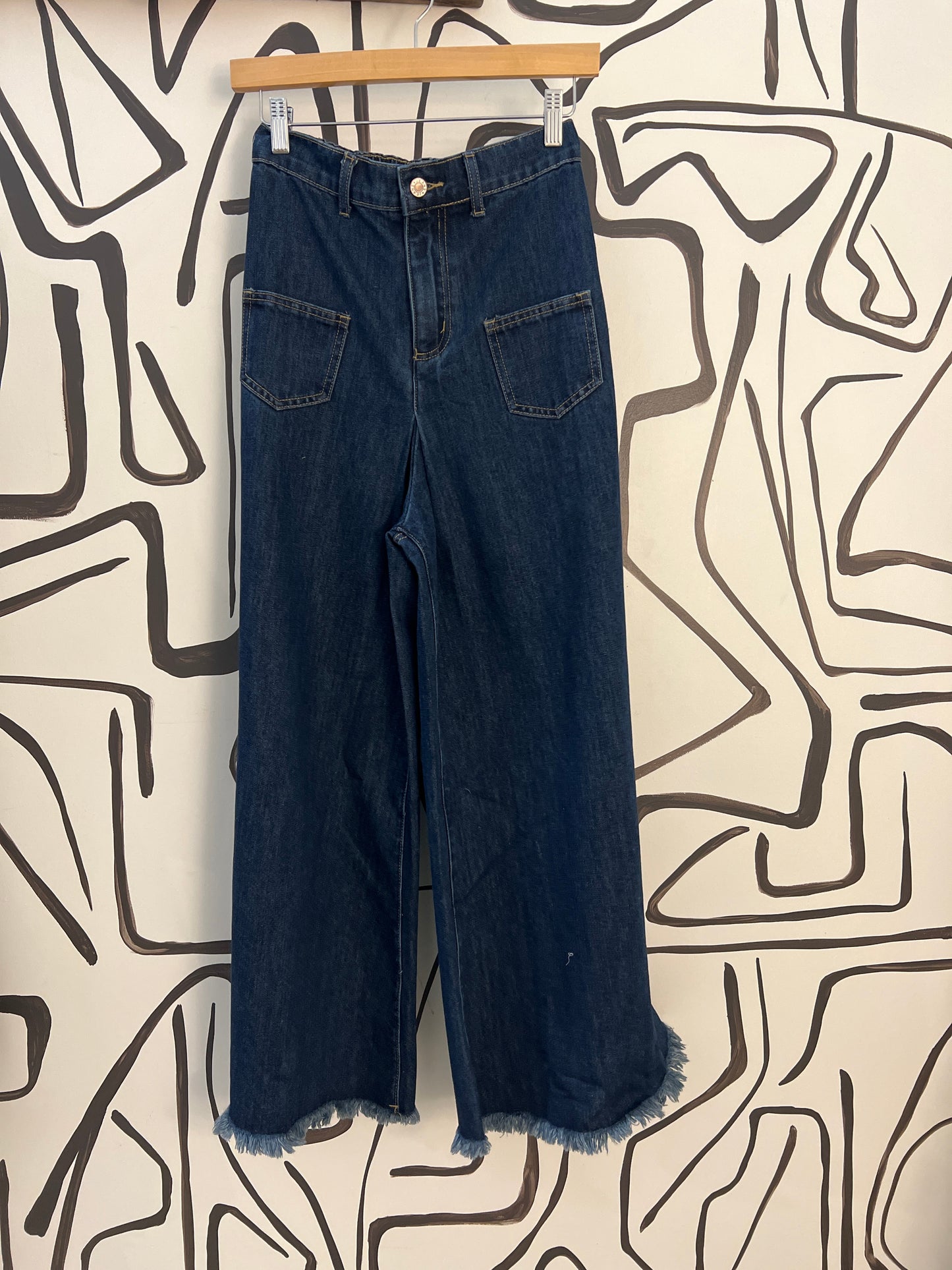 Dark Raw Edge Wide Leg Jeans
