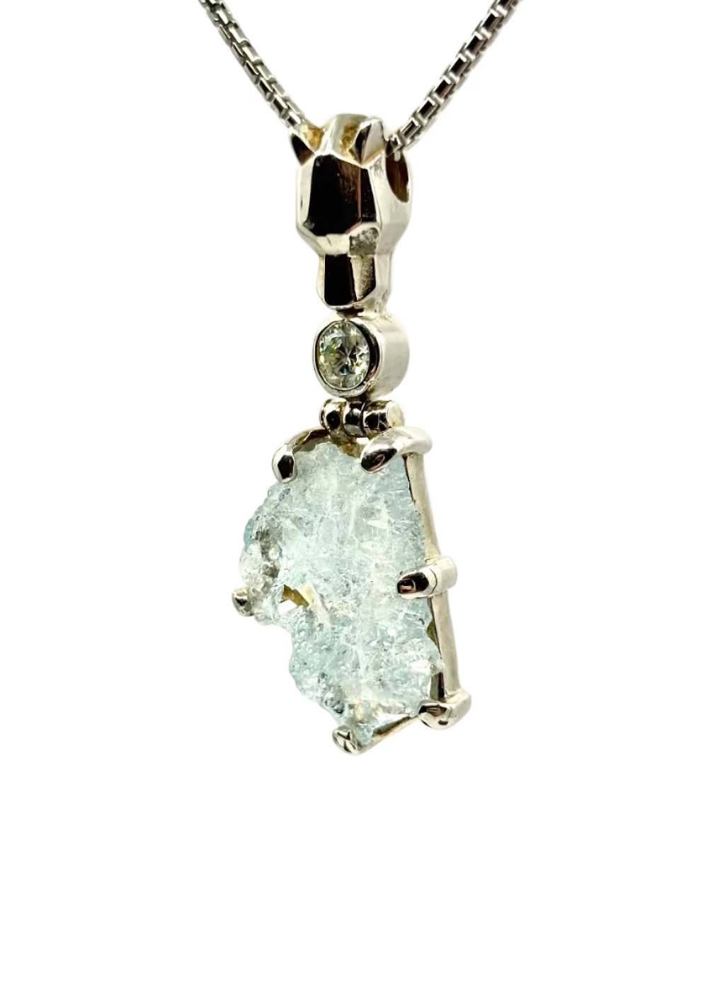 Raw Aquamarine + Moissanite Fine Vibrational Gemstone Pendant