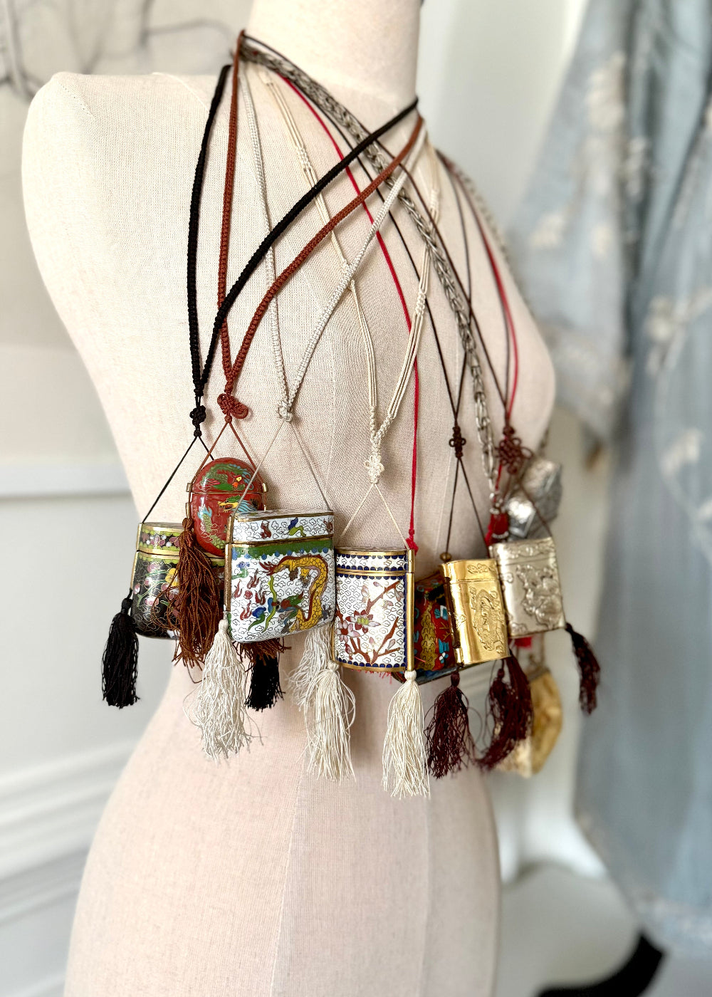 Vintage White Cherry Blossom Cloisonné Tassel Box Necklace