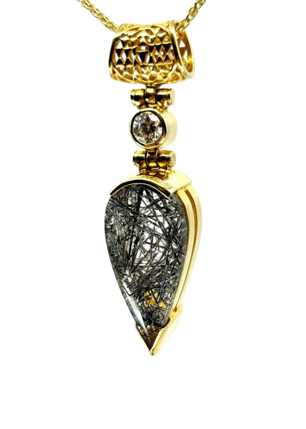 Rutilated Black Tourmaline + Moissanite Fine Vibrational Gemstone Pendant