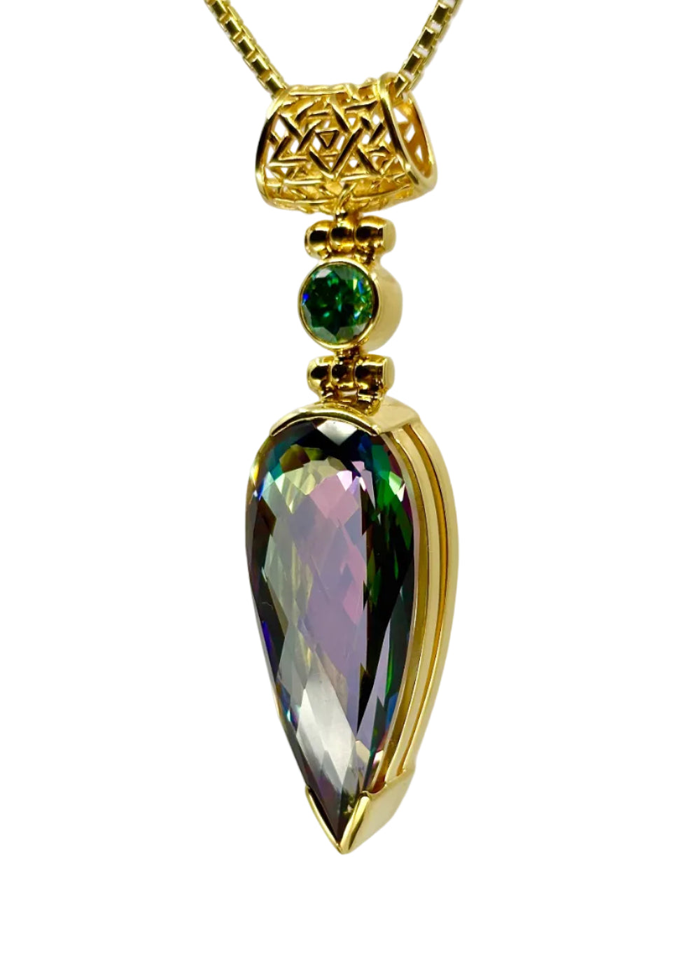 Luminous Heart Mystic Quartz + BlueGreen Moissanite Fine Vibrational Gemstone Pendant