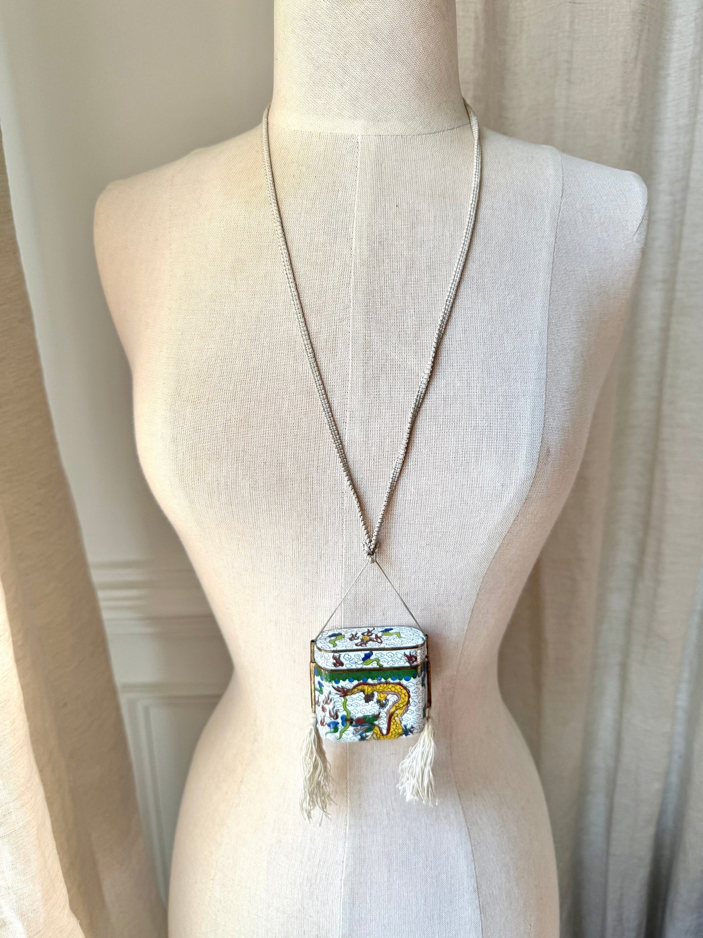 Vintage Dragon Cloisonné Tassel Box Necklace