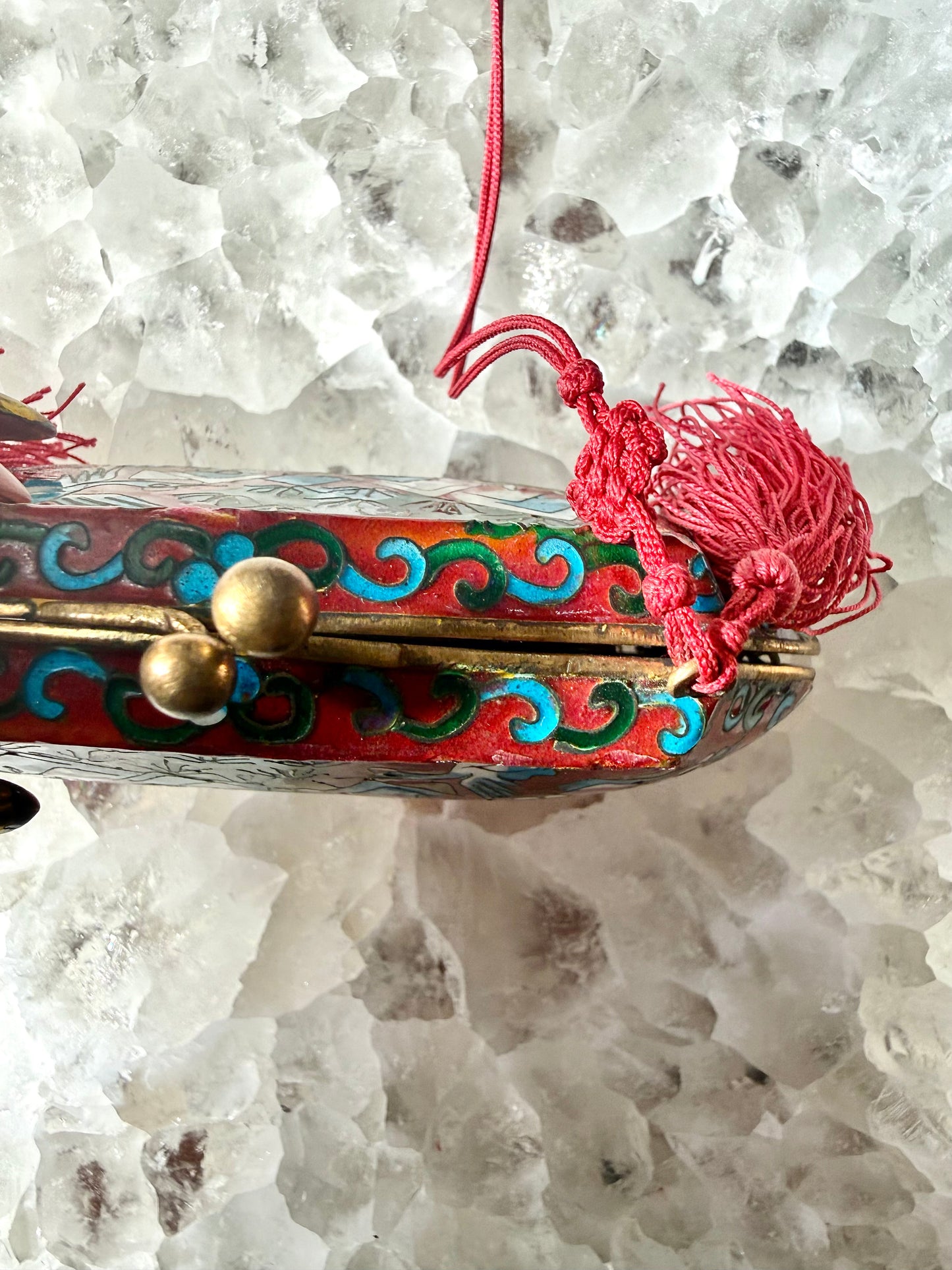 Vintage Cloisonné Deer & Crane Tassel Purse Pendant Necklace