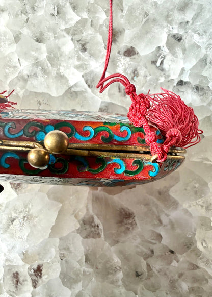 Vintage Cloisonné Deer & Crane Tassel Purse Pendant Necklace