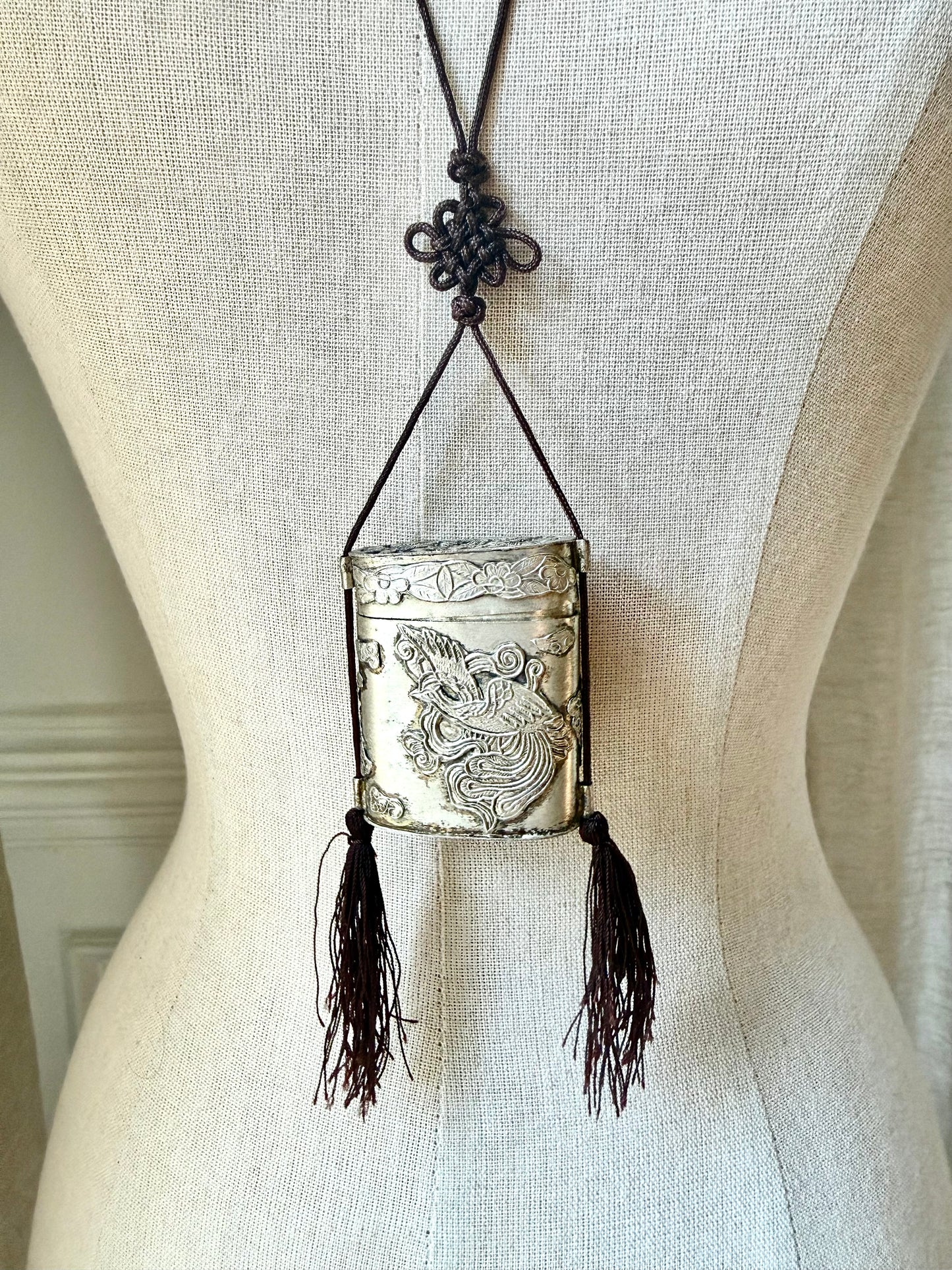 Vintage Silver Tone Dragon Embossed Tassel Trinket Box Necklace