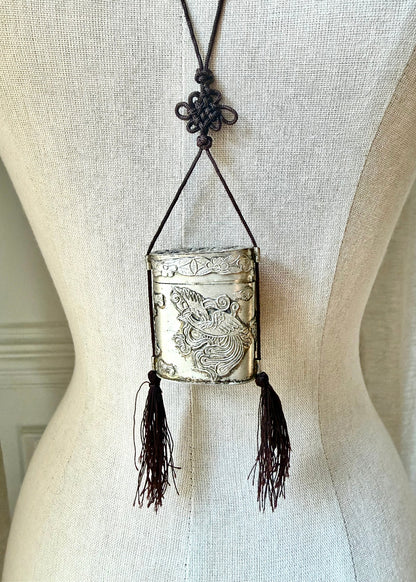 Vintage Silver Tone Dragon Embossed Tassel Trinket Box Necklace
