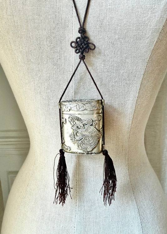 Vintage Silver Tone Dragon Embossed Tassel Trinket Box Necklace