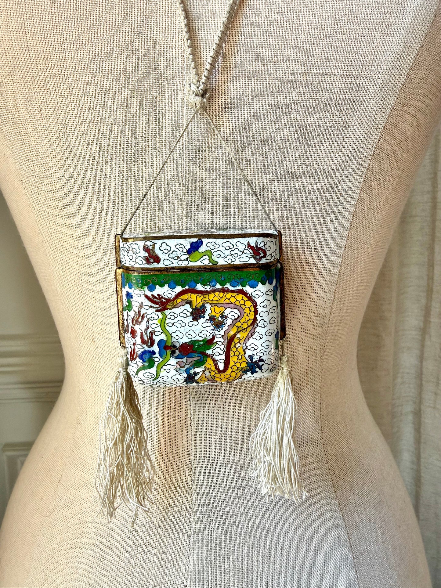Vintage Dragon Cloisonné Tassel Box Necklace