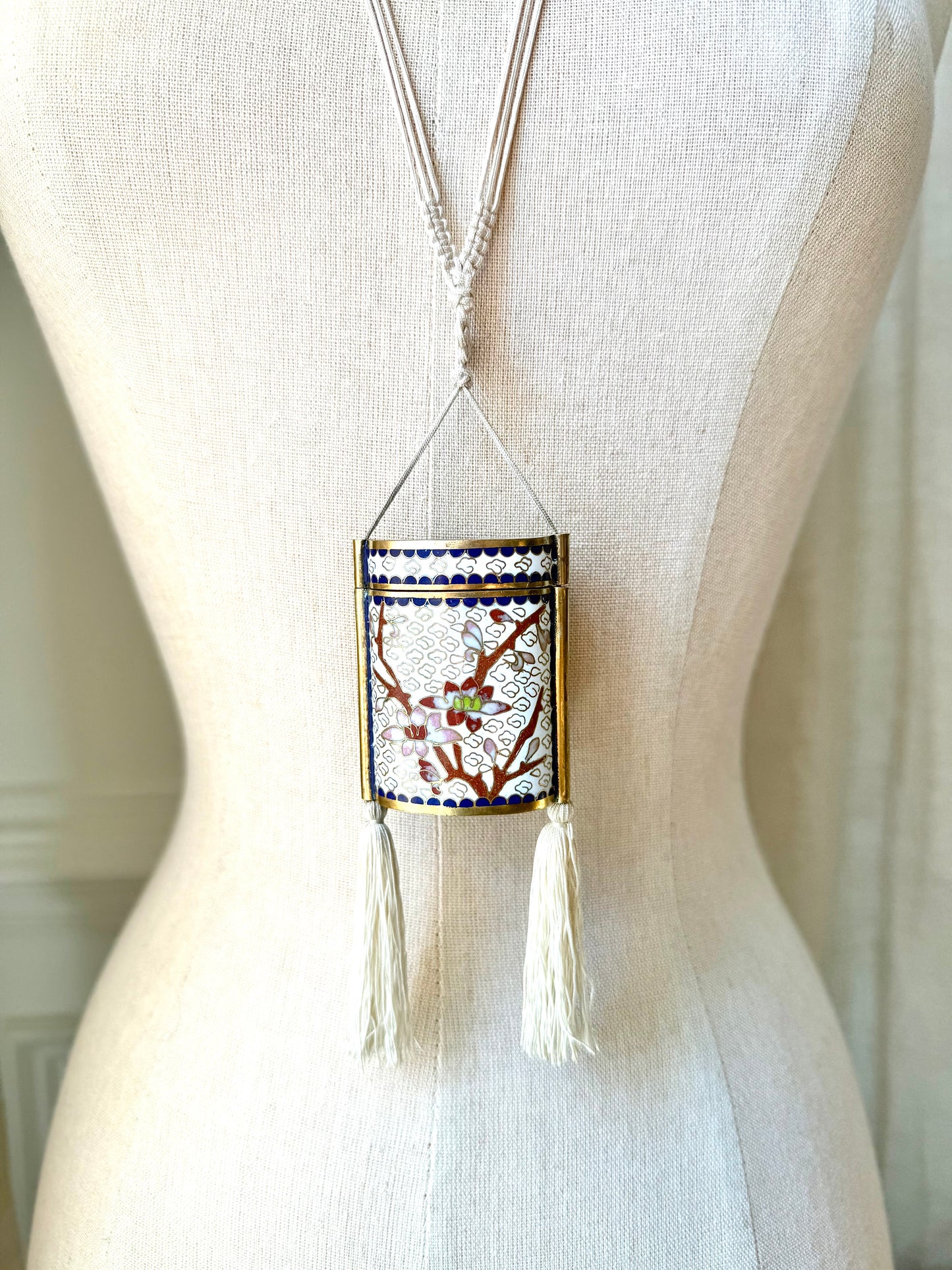 Vintage White Cherry Blossom Cloisonné Tassel Box Necklace