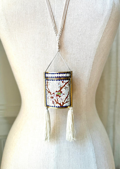 Vintage White Cherry Blossom Cloisonné Tassel Box Necklace