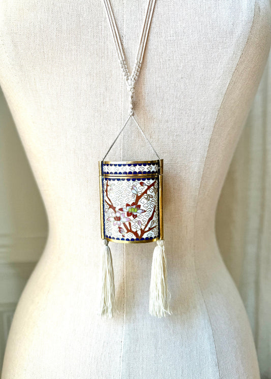 Vintage White Cherry Blossom Cloisonné Tassel Box Necklace