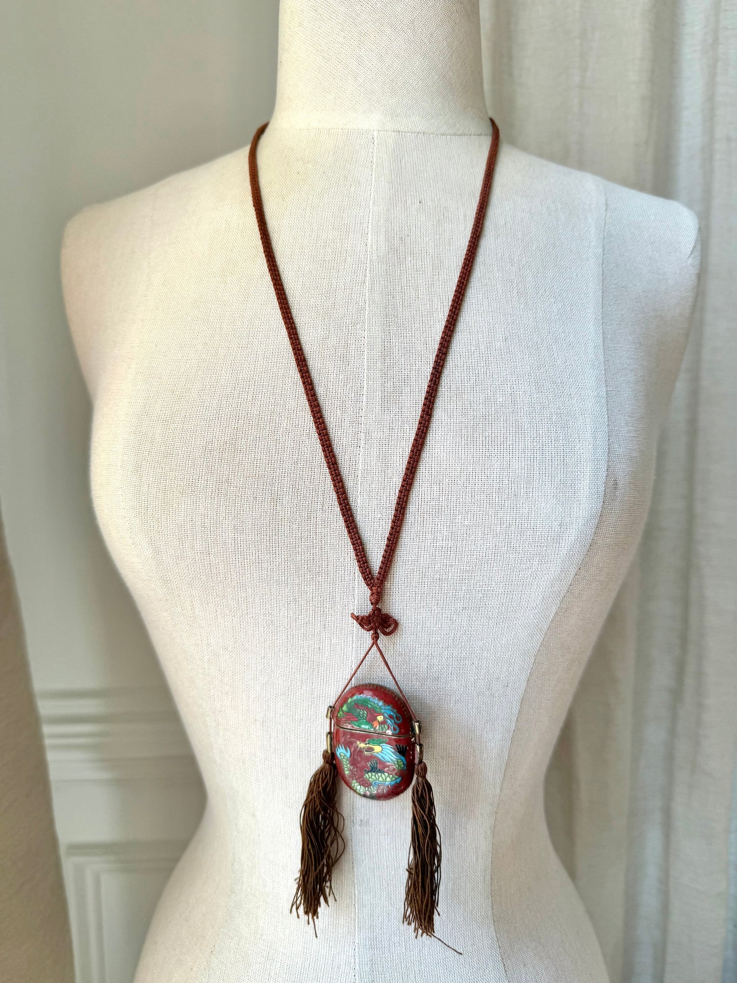 Vintage Cloisonné Dragon + Phoenix Oval Tassel Box Necklace