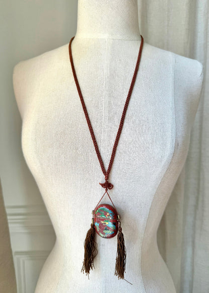 Vintage Cloisonné Dragon + Phoenix Oval Tassel Box Necklace