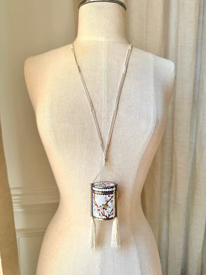 Vintage White Cherry Blossom Cloisonné Tassel Box Necklace