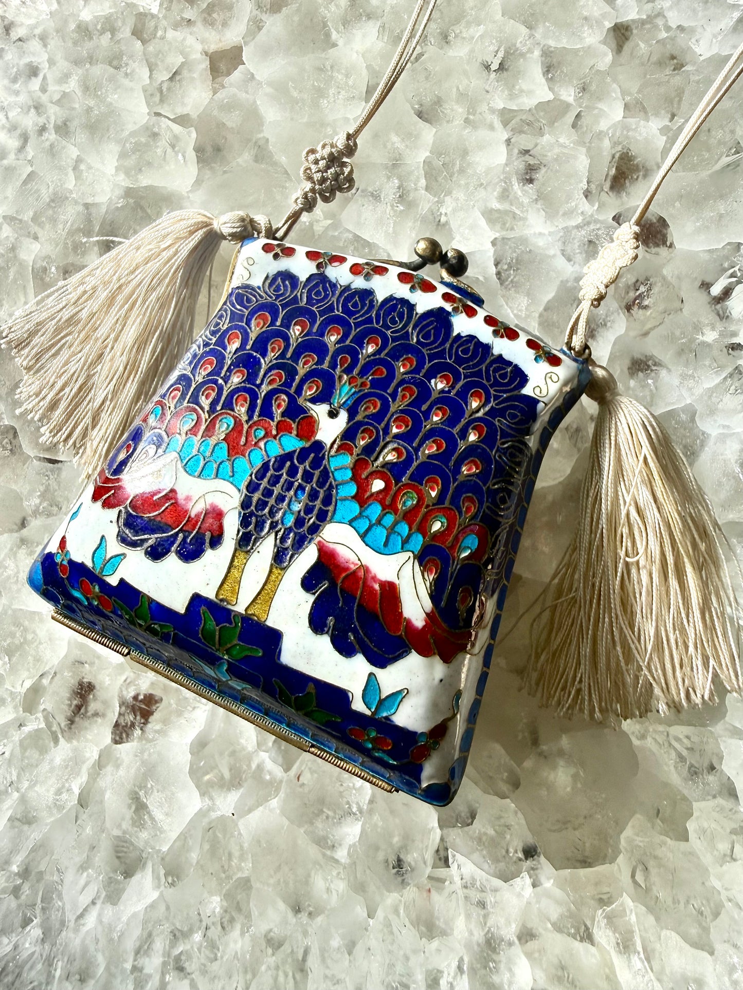Vintage Cloisonné Peacock Blue Tassel Purse Necklace