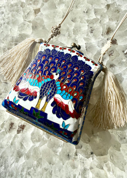 Vintage Cloisonné Peacock Blue Tassel Purse Necklace