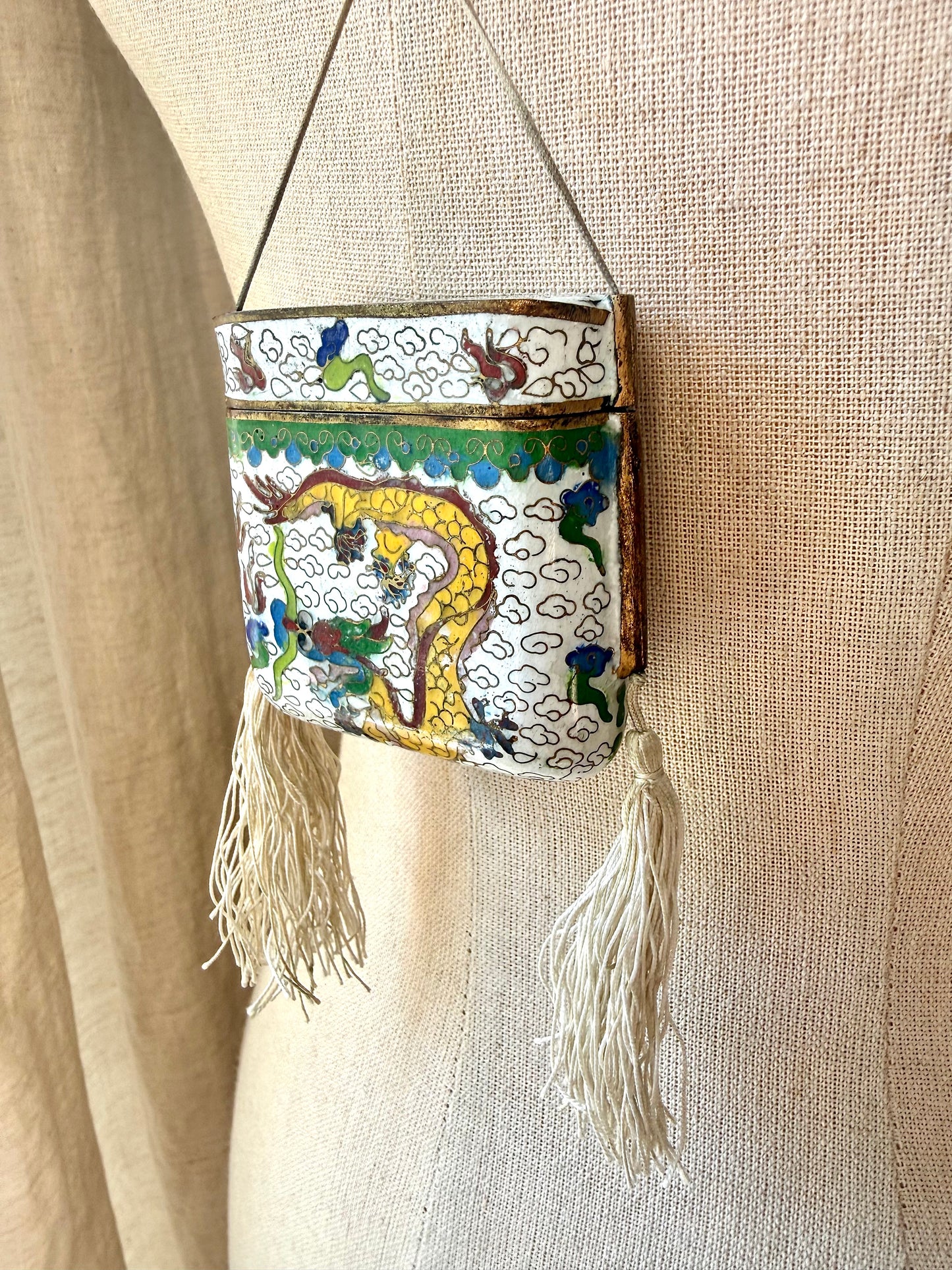 Vintage Dragon Cloisonné Tassel Box Necklace