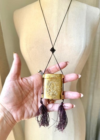 Vintage Embossed Gold Tone Dragon Tassel Box Necklace