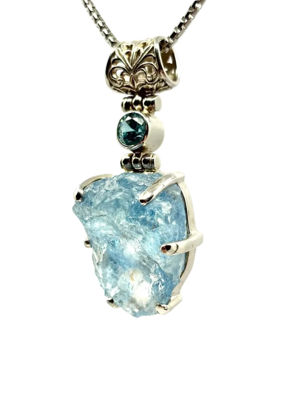 Blue Beryl Raw + Blue Zircon Vibrational Gemstone Pendant