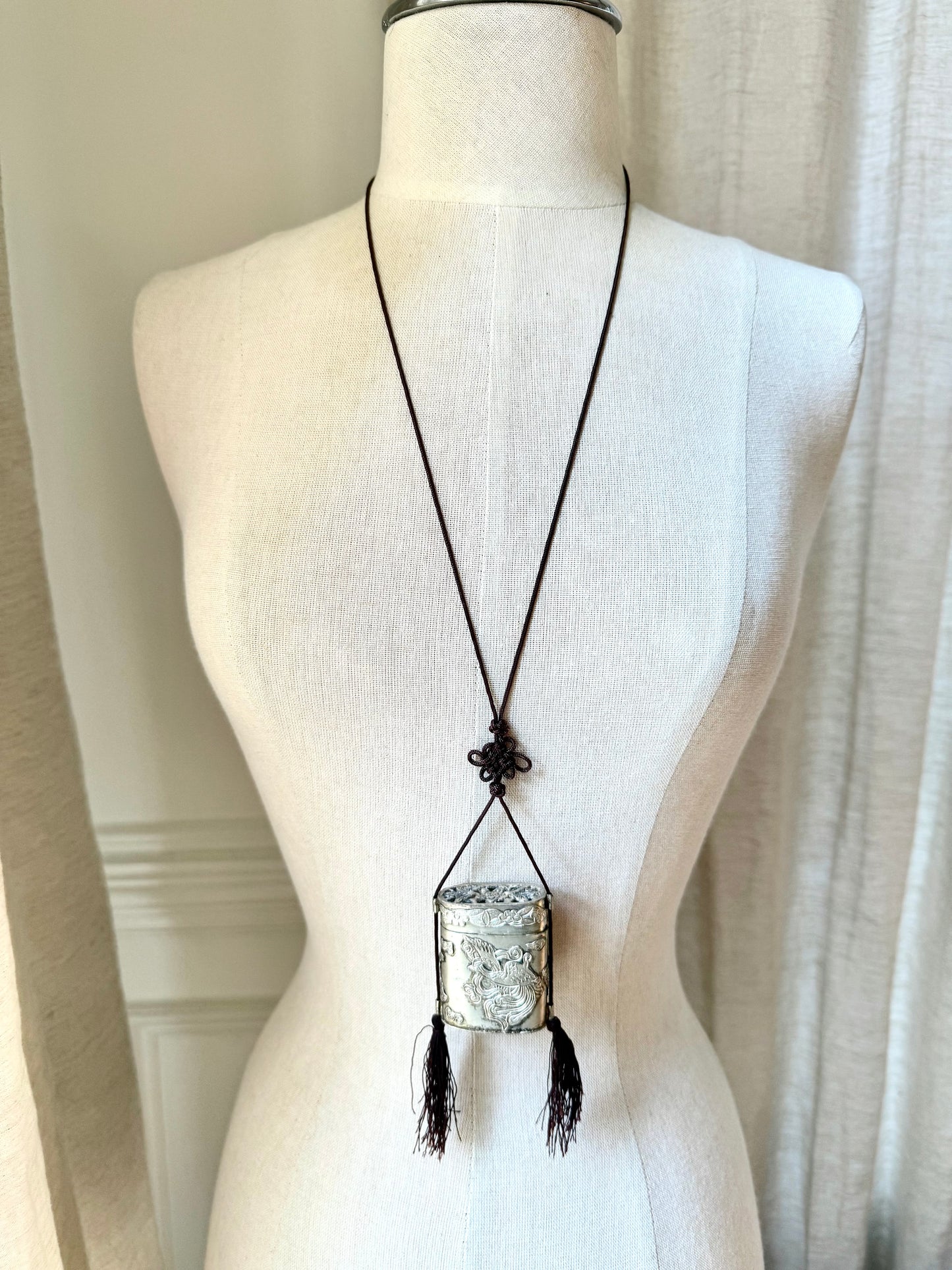 Vintage Silver Tone Dragon Embossed Tassel Trinket Box Necklace