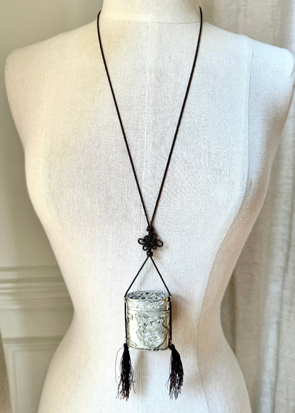 Vintage Silver Tone Dragon Embossed Tassel Trinket Box Necklace