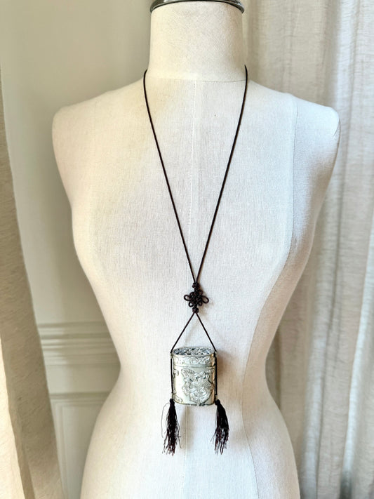 Vintage Silver Tone Dragon Embossed Tassel Trinket Box Necklace