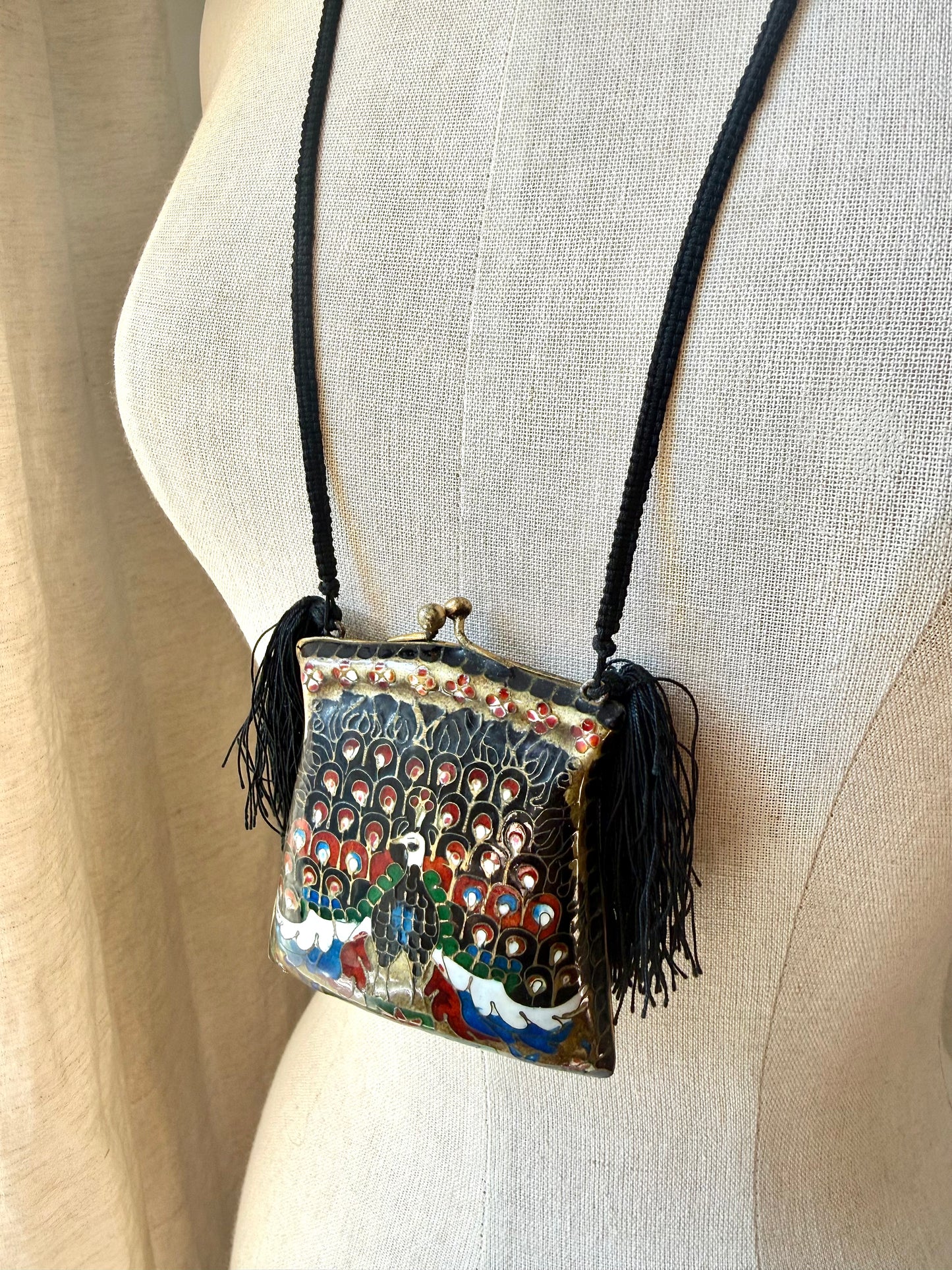 Vintage Cloisonné Peacock Tassel Purse Necklace