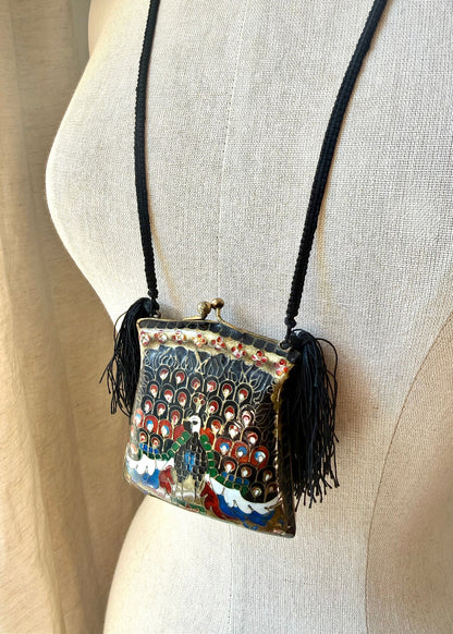 Vintage Cloisonné Peacock Tassel Purse Necklace