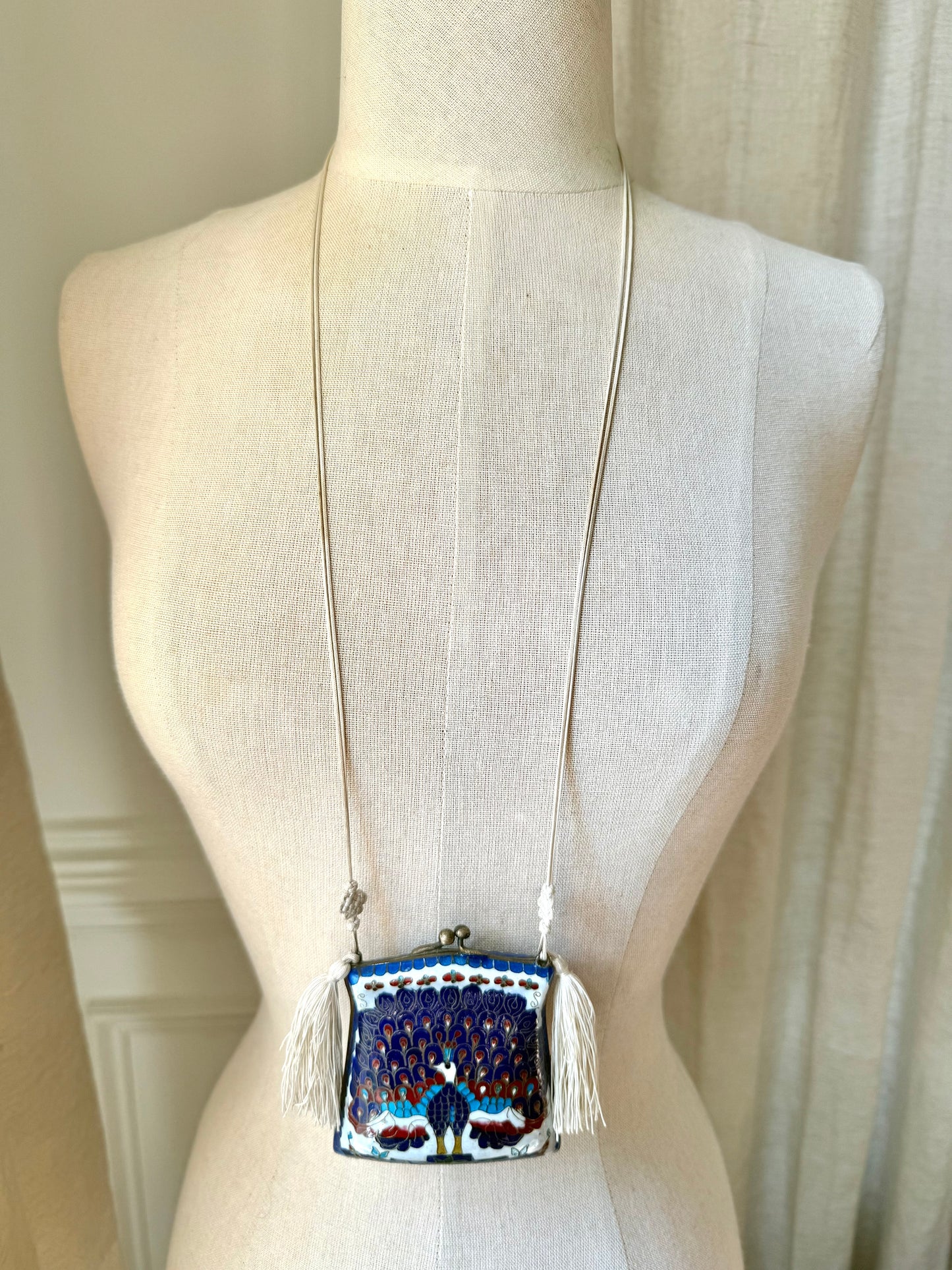 Vintage Cloisonné Peacock Blue Tassel Purse Necklace
