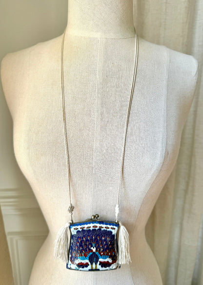 Vintage Cloisonné Peacock Blue Tassel Purse Necklace