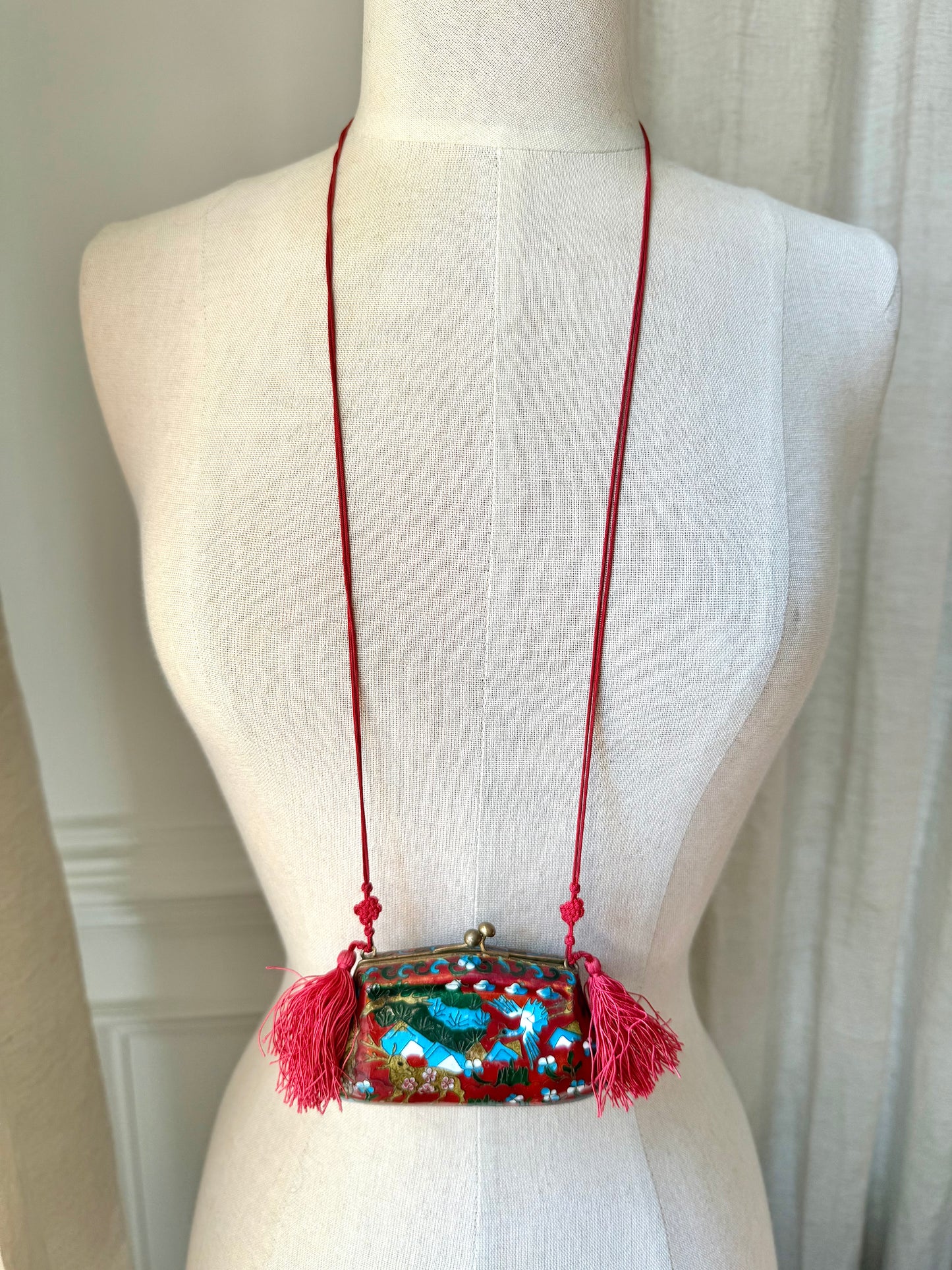 Vintage Cloisonné Deer & Crane Tassel Purse Pendant Necklace