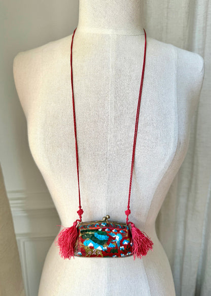 Vintage Cloisonné Deer & Crane Tassel Purse Pendant Necklace