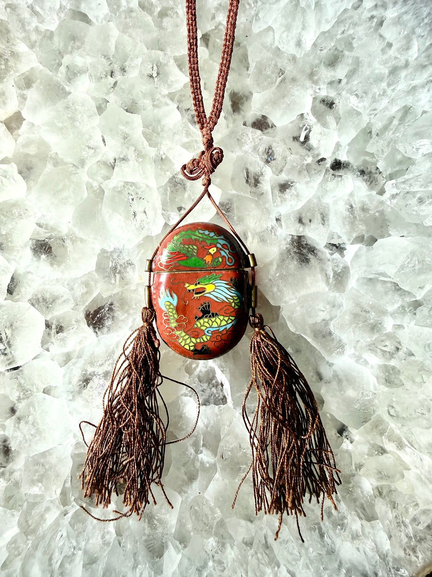Vintage Cloisonné Dragon + Phoenix Oval Tassel Box Necklace