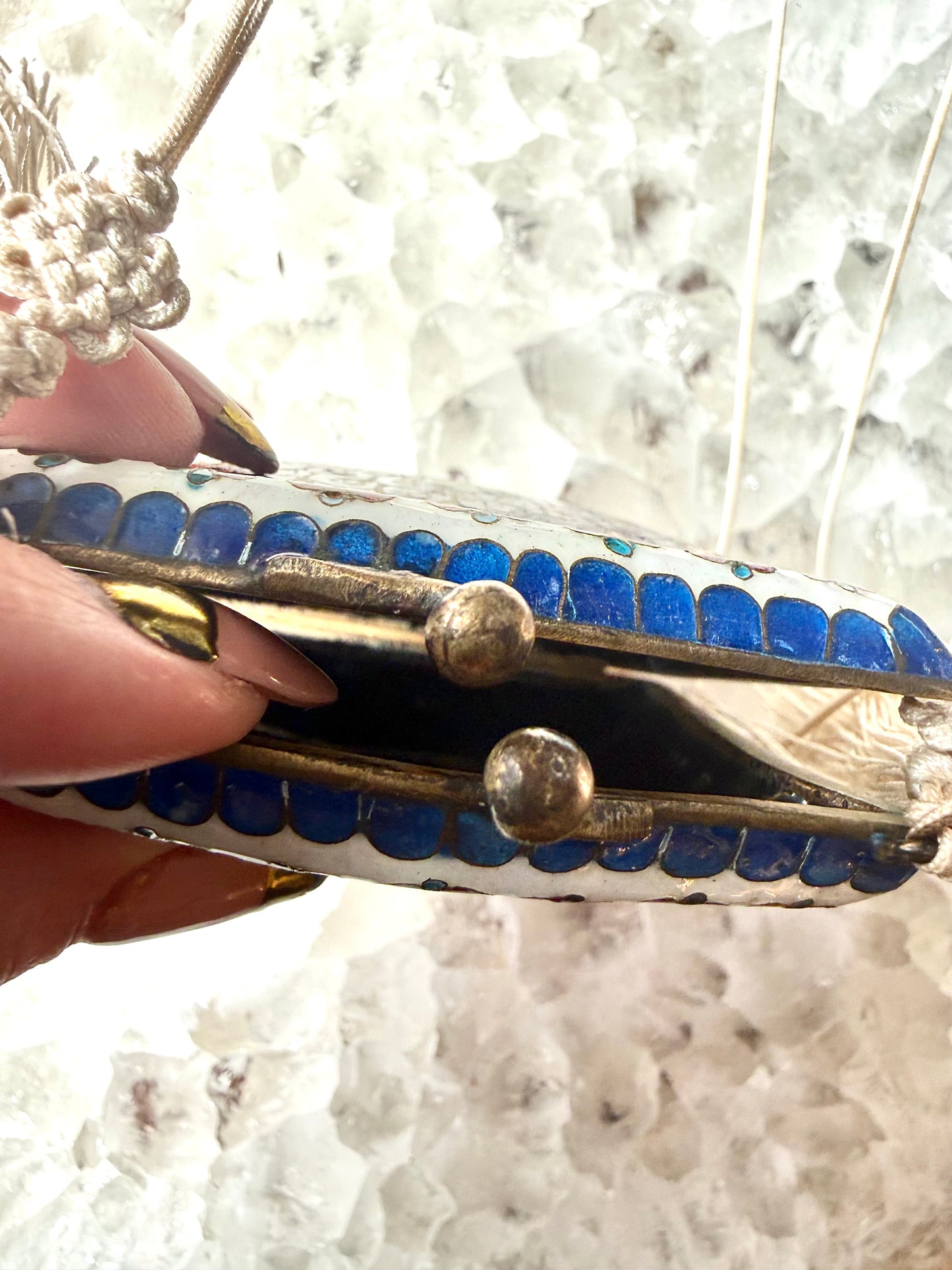 Vintage Cloisonné Peacock Blue Tassel Purse Necklace
