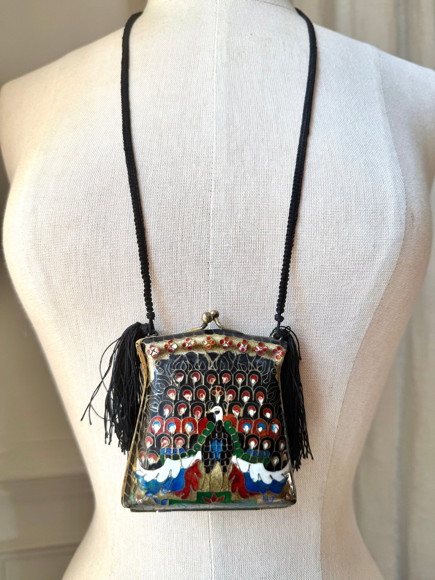 Vintage Cloisonné Peacock Tassel Purse Necklace