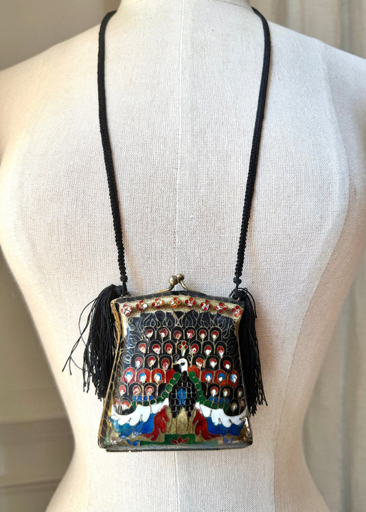 Vintage Cloisonné Peacock Tassel Purse Necklace