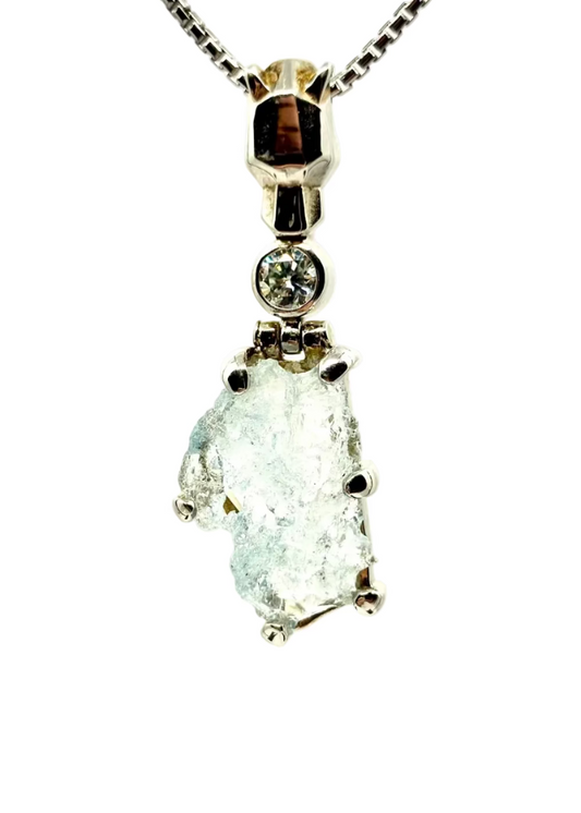 Raw Aquamarine + Moissanite Fine Vibrational Gemstone Pendant