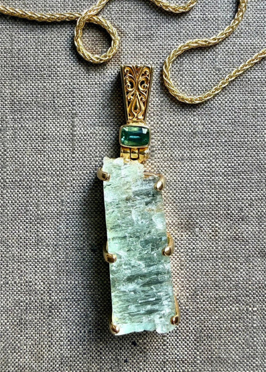 Raw Blue Beryl + Mint Tourmaline Vibrational Gemstone Pendant