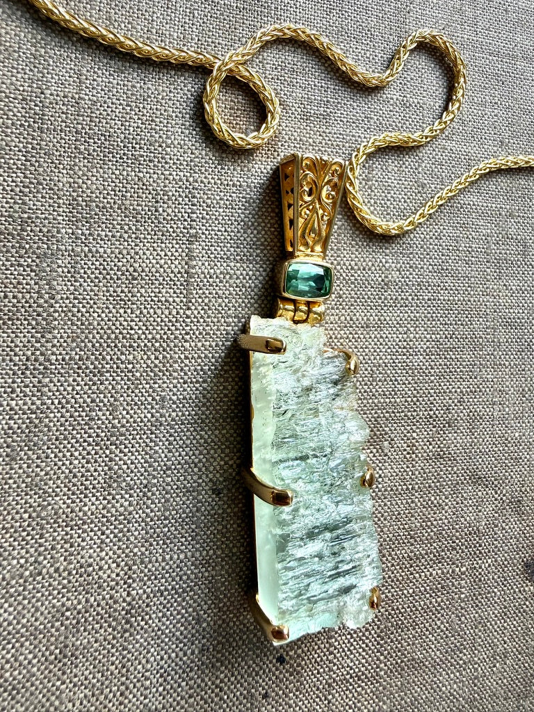 Raw Blue Beryl + Mint Tourmaline Vibrational Gemstone Pendant