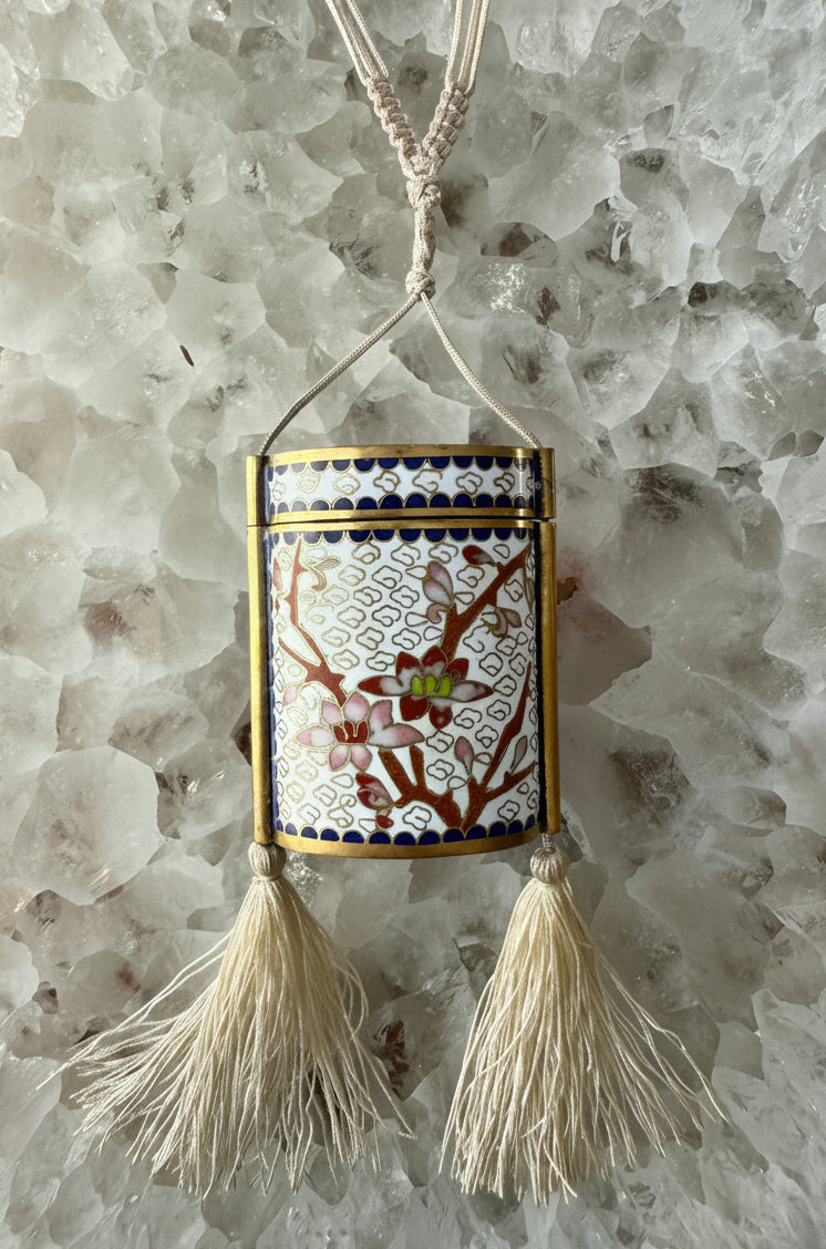 Vintage White Cherry Blossom Cloisonné Tassel Box Necklace