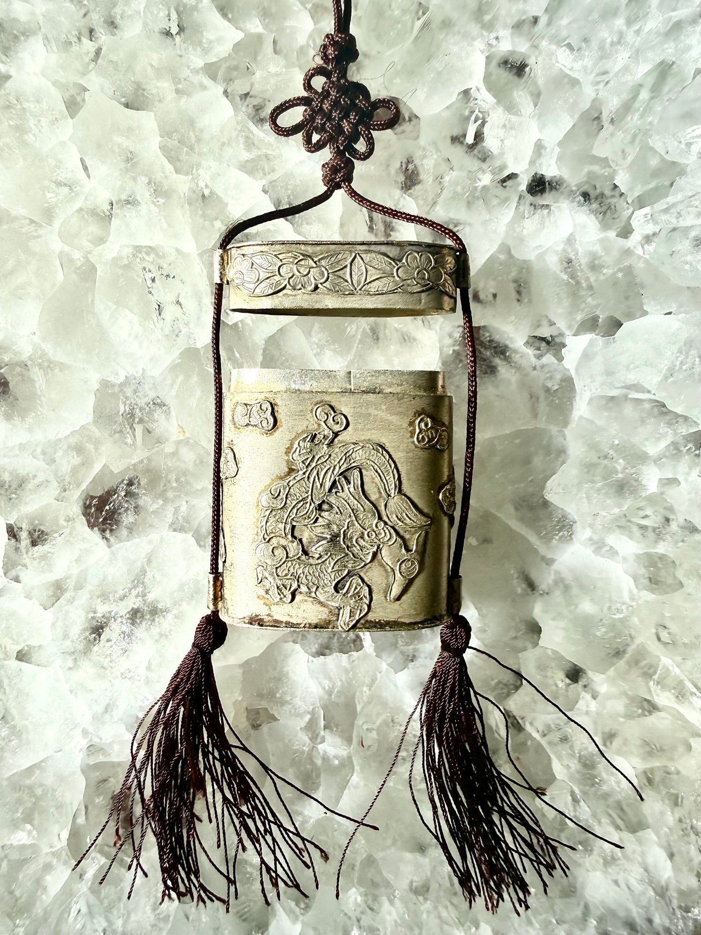 Vintage Silver Tone Dragon Embossed Tassel Trinket Box Necklace