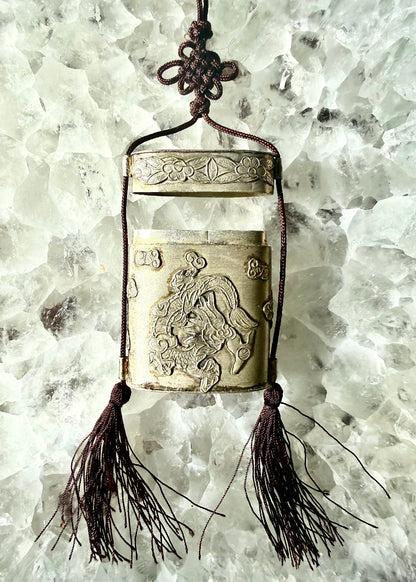 Vintage Silver Tone Dragon Embossed Tassel Trinket Box Necklace