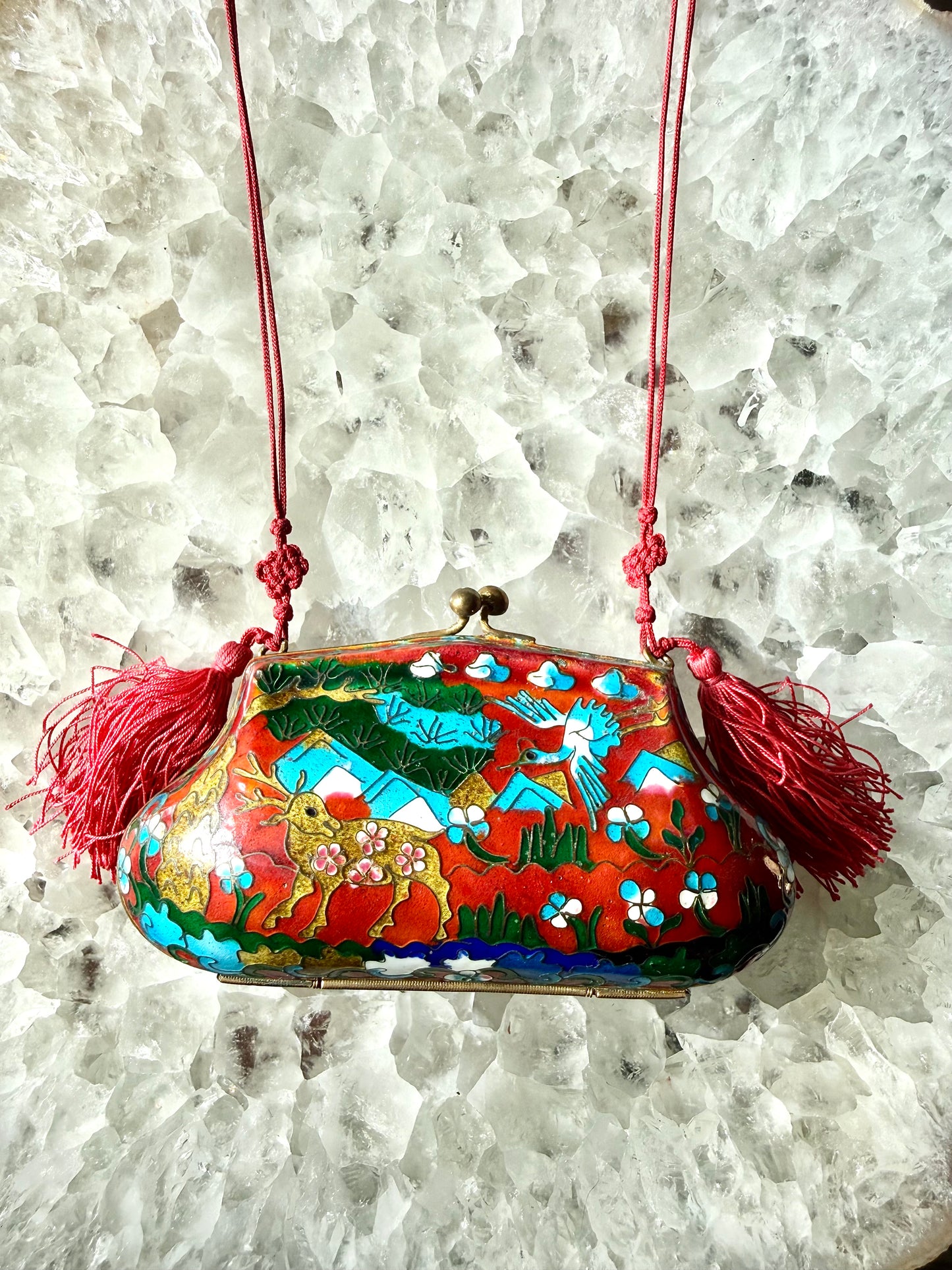 Vintage Cloisonné Deer & Crane Tassel Purse Pendant Necklace