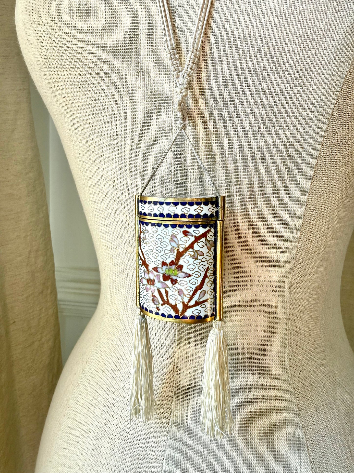 Vintage White Cherry Blossom Cloisonné Tassel Box Necklace