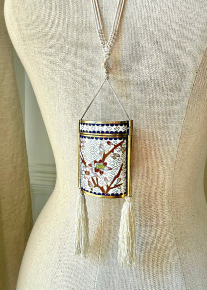 Vintage White Cherry Blossom Cloisonné Tassel Box Necklace